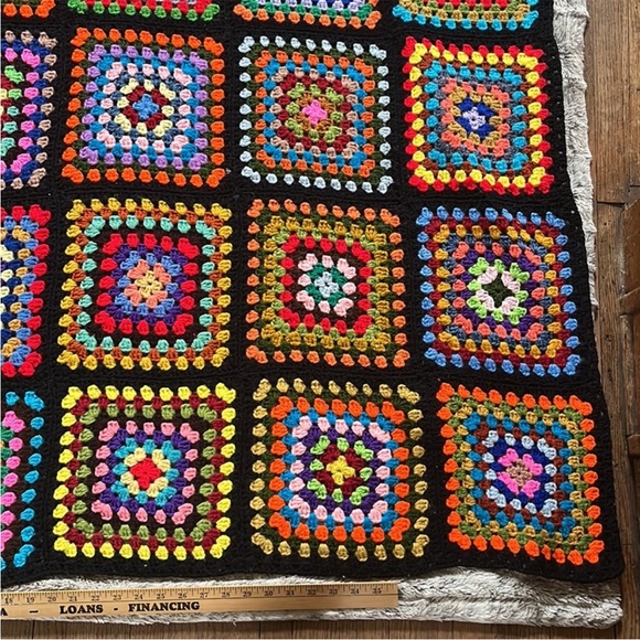 Hippie boho 70's Granny Square Afghan CrochetThrow Blanket Black - Picture 3 of 5